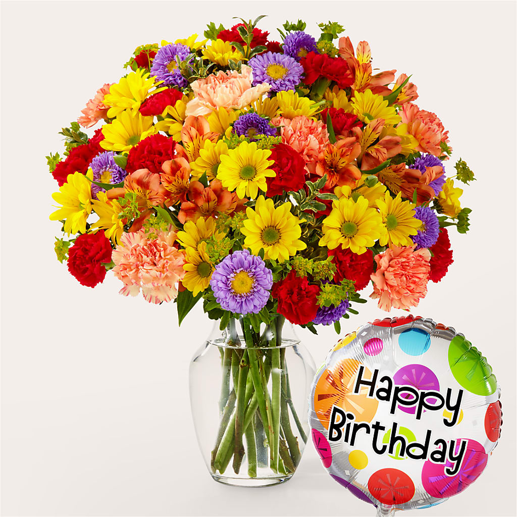 Kaleidoscope Bouquet with Birthday Balloon – Millennial Florist, Hartsdale NY