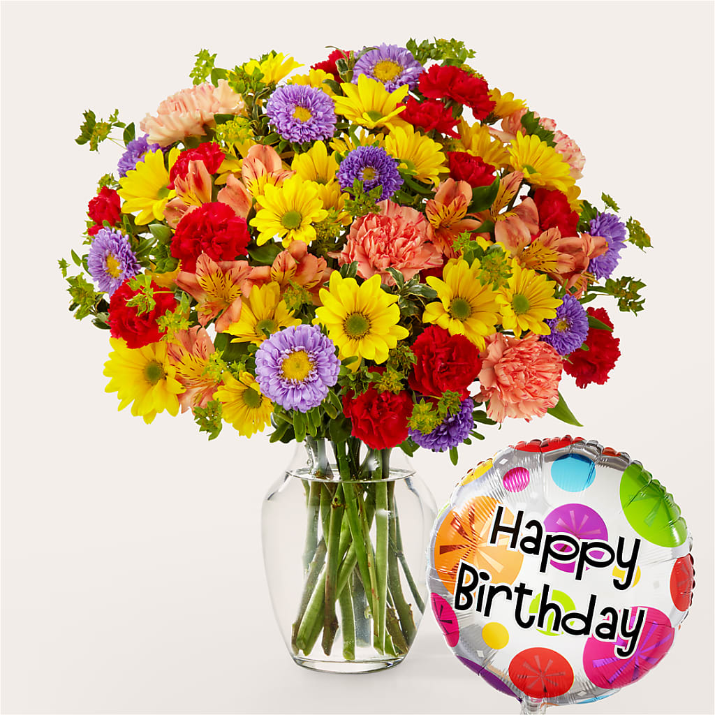 Kaleidoscope Bouquet with Birthday Balloon – Millennial Florist, Hartsdale NY