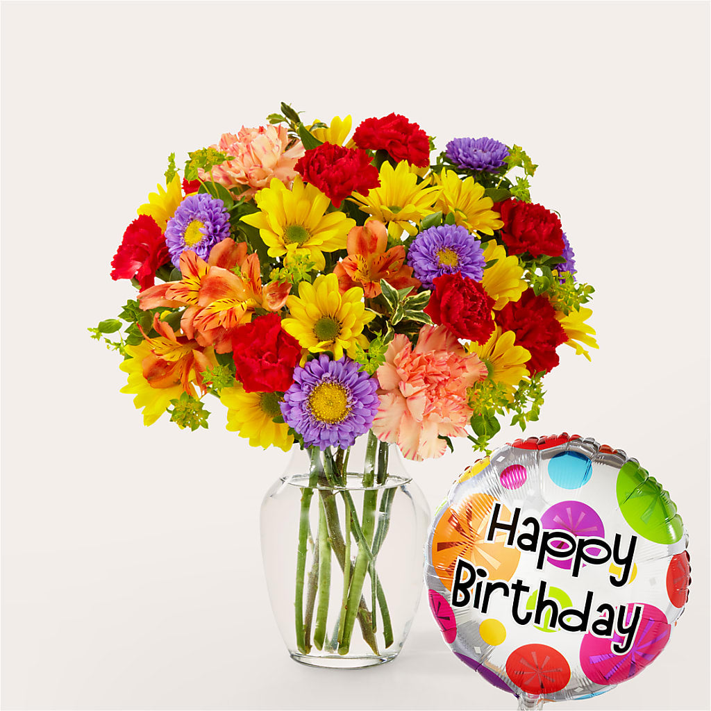 Kaleidoscope Bouquet with Birthday Balloon – Millennial Florist, Hartsdale NY