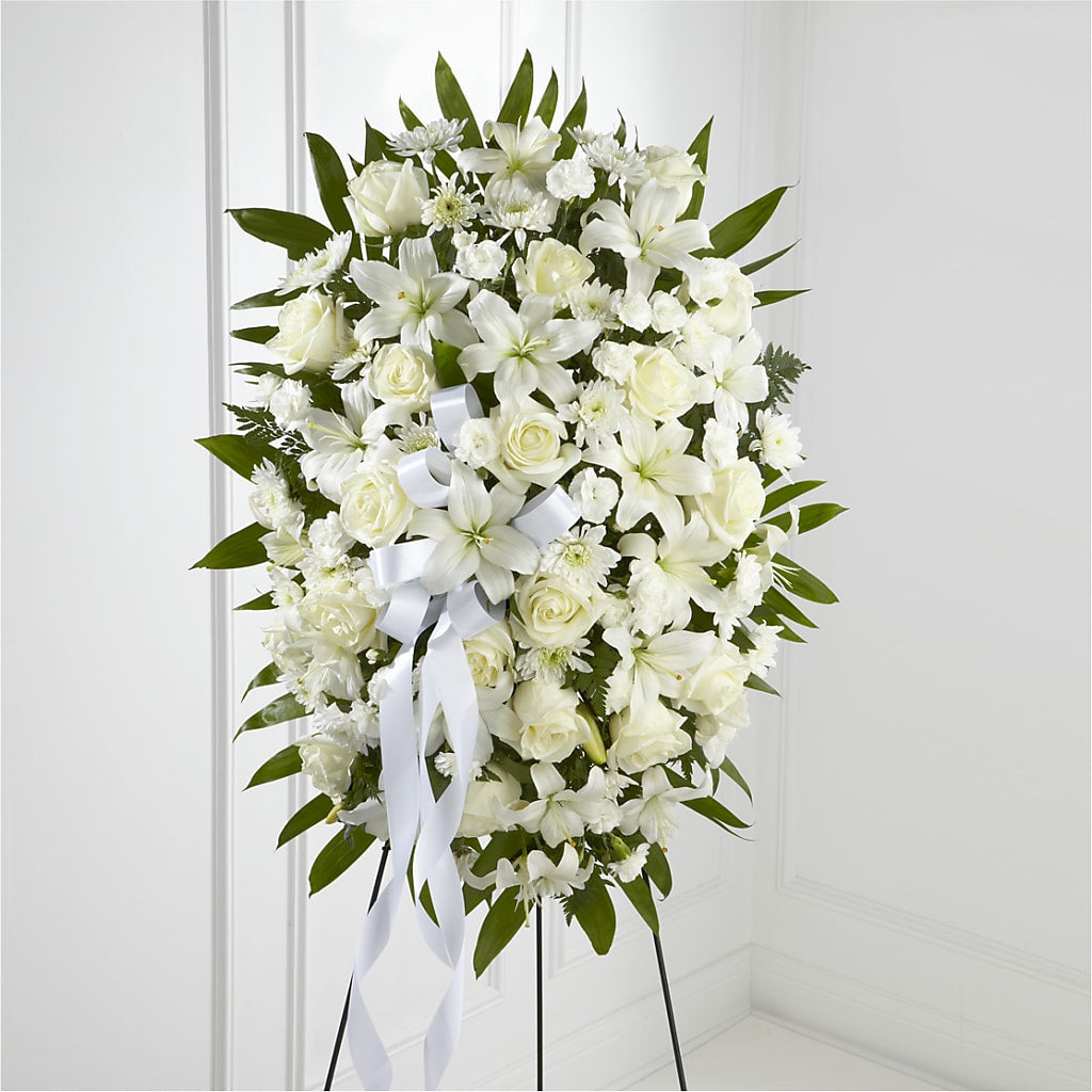 Exquisite Tribute Standing Spray-White Ribbon – Millennial Florist, Hartsdale NY
